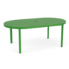 An oval-shaped commercial outdoor aluminum dining table finished in vivid Lime Green, featuring a perforated multi-size bubble hole pattern across the tabletop surface and a central umbrella hole.