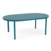 An oval-shaped commercial outdoor aluminum dining table finished in metallic teal blue-green (Metallica Lagoon), featuring a decorative bubble pattern and an umbrella hole in the center.