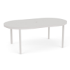 An oval-shaped commercial outdoor aluminum dining table featuring a smooth, solid tabletop surface in Sky White with a center umbrella hole.
