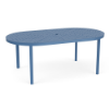 An oval-shaped commercial outdoor aluminum dining table in Steel Blue featuring a uniform square grid cube pattern and a central umbrella hole.