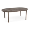An oval-shaped commercial outdoor aluminum dining table finished in Textured Espresso featuring a concentric slotted slat design with a central umbrella hole.