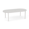 An oval-shaped commercial outdoor aluminum dining table featuring a smooth, solid tabletop surface in Sky White with a center umbrella hole.