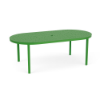 An oval-shaped commercial outdoor aluminum dining table finished in vivid Lime Green, featuring a perforated multi-size bubble hole pattern across the tabletop surface and a central umbrella hole.