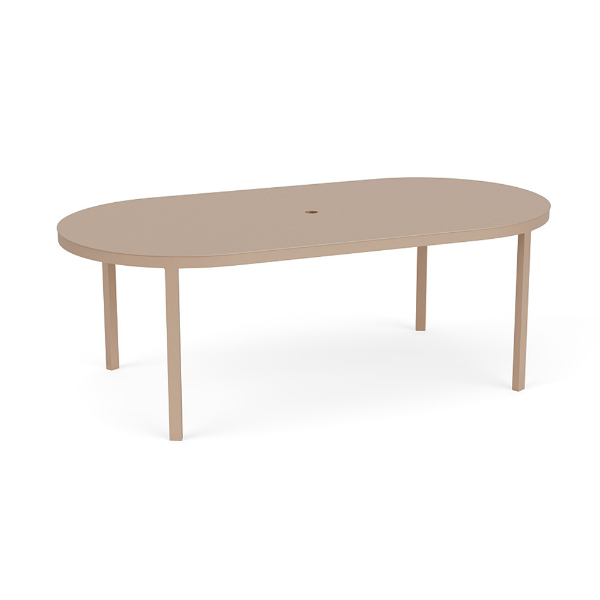 An oval-shaped commercial outdoor aluminum dining table featuring a smooth, solid tabletop surface in Textured Antique Beige with a central umbrella opening.
