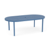 An oval-shaped commercial outdoor aluminum dining table in Steel Blue featuring a uniform square grid cube pattern and a central umbrella hole.