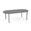 An oval-shaped commercial outdoor aluminum dining table in Titanium Gray featuring a square grid cube pattern tabletop surface and a center umbrella hole.