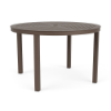 A 48-inch round commercial outdoor aluminum dining table finished in Textured Espresso, featuring a concentric slotted slat pattern with a center umbrella opening.