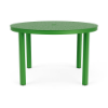 A 48-inch round commercial outdoor aluminum dining table finished in bright Lime Green, featuring a perforated multi-size bubble hole pattern across the top surface and a central umbrella hole.