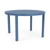 A 48-inch round commercial outdoor aluminum dining table finished in Steel Blue, featuring a uniform square grid cube pattern tabletop surface and a center umbrella hole.
