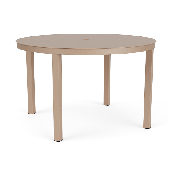 A 48-inch round commercial outdoor aluminum dining table featuring a smooth, solid tabletop surface in Textured Antique Beige with a central umbrella hole.
