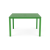 A 48-inch square commercial outdoor aluminum dining table finished in bright Lime Green, featuring a perforated multi-size bubble hole pattern across the top surface and a central umbrella hole.