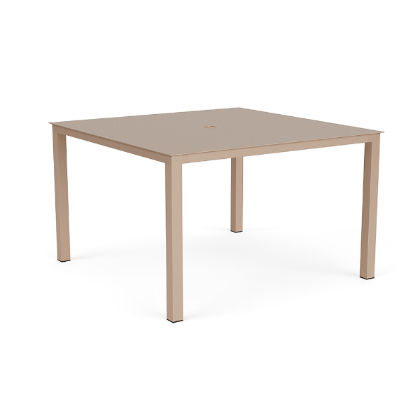 A 48-inch square commercial outdoor aluminum dining table featuring a smooth, solid tabletop surface in Textured Antique Beige with a central umbrella hole.