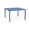 A 48-inch square commercial outdoor aluminum dining table finished in Steel Blue, featuring a uniform square grid cube pattern tabletop surface and a center umbrella hole.