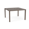 A 48-inch square commercial outdoor aluminum dining table finished in Textured Espresso, featuring a concentric slotted slat pattern with a center umbrella opening.
