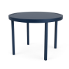 A 20-inch round commercial outdoor aluminum side table featuring a smooth, solid tabletop surface with a raised outer edge frame finished in Deep Blue Metallic.