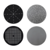 A 2x2 design diagram illustrating four circular tabletop pattern choices: a sunburst radial/radiant slot design (top-left), a multi-size bubble hole pattern (top-right), a square grid cube pattern (bottom-left), and a smooth solid surface (bottom-right).
