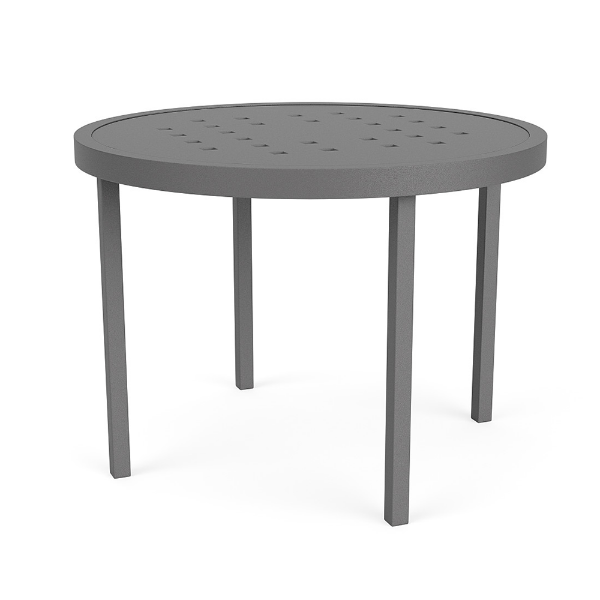 A 20-inch round commercial outdoor aluminum side table finished in Slate Grey, featuring a subtle square grid cube pattern tabletop surface enclosed within a raised outer rim.