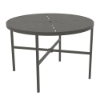 A 42-inch round commercial outdoor aluminum dining table finished in Slate Grey, featuring a sunburst radiant slotted line pattern across the tabletop surface, a center umbrella hole, four straight square legs, and a lower four-spoke cross-brace frame with a built-in umbrella ring holder.