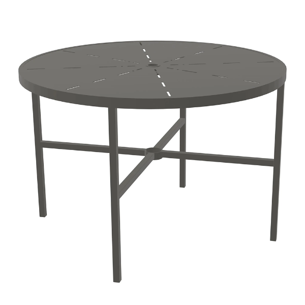 A 42-inch round commercial outdoor aluminum dining table finished in Slate Grey, featuring a sunburst radiant slotted line pattern across the tabletop surface, a center umbrella hole, four straight square legs, and a lower four-spoke cross-brace frame with a built-in umbrella ring holder.