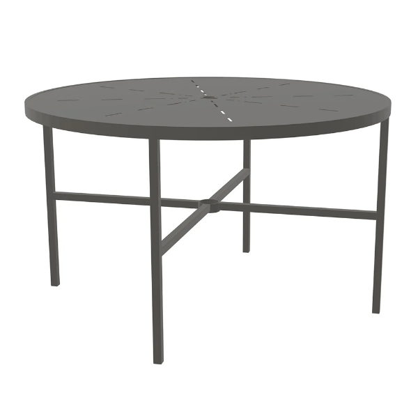 A 48-inch round commercial outdoor aluminum dining table finished in Slate Grey, featuring a sunburst radiant slotted line pattern across the tabletop surface, a central umbrella hole, four straight square legs, and a lower four-spoke cross-brace frame with a central umbrella ring holder.