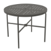 A 36-inch round commercial outdoor aluminum dining table finished in Slate Grey, featuring a square grid cube pattern tabletop surface, a center umbrella hole, rounded tubular straight legs, and a lower four-spoke cross-brace frame with a built-in umbrella ring holder.