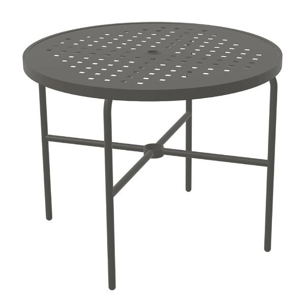 A 36-inch round commercial outdoor aluminum dining table finished in Slate Grey, featuring a square grid cube pattern tabletop surface, a center umbrella hole, rounded tubular straight legs, and a lower four-spoke cross-brace frame with a built-in umbrella ring holder.