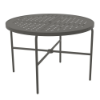 A 42-inch round commercial outdoor aluminum dining table finished in Slate Grey, featuring a square grid cube pattern tabletop surface, a central umbrella hole, four straight tubular legs, and a lower four-spoke cross-brace frame with an umbrella ring holder.