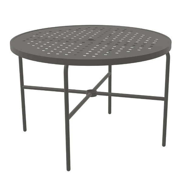 A 42-inch round commercial outdoor aluminum dining table finished in Slate Grey, featuring a square grid cube pattern tabletop surface, a central umbrella hole, four straight tubular legs, and a lower four-spoke cross-brace frame with an umbrella ring holder.