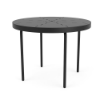 A 20-inch round commercial outdoor aluminum side table finished in Starlight Black, featuring a sunburst radiant slotted line pattern across the tabletop surface and four straight rounded legs