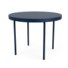 A 20-inch round commercial outdoor aluminum side table featuring a smooth solid tabletop surface with a raised outer edge frame and four straight rounded legs finished in Deep Blue Metallic.