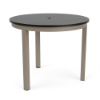 A 36-inch round commercial outdoor dining table featuring a dark slat-style Marine Grade Polymer (MGP) tabletop with a center umbrella hole, supported by a taupe powder-coated aluminum frame with four straight square legs and black foot caps.