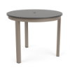 A 36-inch round commercial outdoor dining table featuring an Amber Grey slat-style Marine Grade Polymer (MGP) tabletop with a center umbrella hole, supported by a taupe/satin powder-coated aluminum frame with four straight square legs and black foot caps.