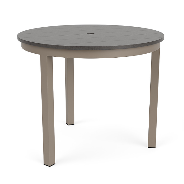 A 36-inch round commercial outdoor dining table featuring an Amber Grey slat-style Marine Grade Polymer (MGP) tabletop with a center umbrella hole, supported by a taupe/satin powder-coated aluminum frame with four straight square legs and black foot caps.