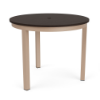 A 36-inch round commercial outdoor dining table featuring a dark Northeastern Walnut wood-grain look slat-style Marine Grade Polymer (MGP) tabletop with a center umbrella hole, supported by a Textured Antique Beige powder-coated aluminum frame with four straight square legs and black foot caps.