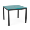 A 36-inch square commercial outdoor dining table featuring a bright teal (Aruba) panel-style Marine Grade Polymer (MGP) top with a center umbrella hole, mounted on a Starlight Black powder-coated aluminum frame with four straight square legs and black glides.