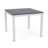 A 36-inch square commercial outdoor dining table featuring a dark navy blue panel-style Marine Grade Polymer (MGP) top with a center umbrella hole, mounted on a Sky White powder-coated aluminum frame with four straight square legs and black glides.