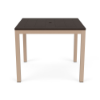 A 36-inch square commercial outdoor dining table featuring a rich dark brown Northeastern Walnut wood-grain panel-style Marine Grade Polymer (MGP) top with a center umbrella hole, mounted on a Textured Antique Beige powder-coated aluminum frame with four straight square legs and black glides.