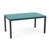 A 36" x 60" rectangular commercial outdoor dining table featuring a bright teal (Aruba) panel-style Marine Grade Polymer (MGP) top with a center umbrella hole, supported by a Starlight Black powder-coated aluminum frame with four straight square legs.
