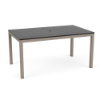 A 36" x 60" rectangular commercial outdoor dining table featuring a dark slate grey panel-style Marine Grade Polymer (MGP) top with a center umbrella hole, supported by a taupe/beige powder-coated aluminum frame with four straight square legs.