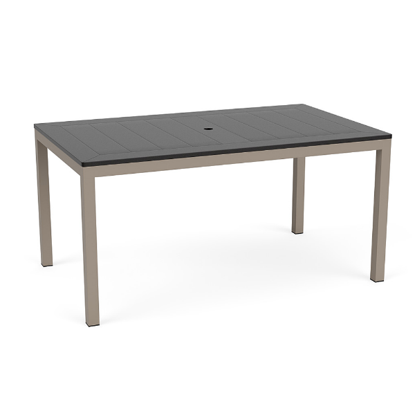 A 36" x 60" rectangular commercial outdoor dining table featuring a dark slate grey panel-style Marine Grade Polymer (MGP) top with a center umbrella hole, supported by a taupe/beige powder-coated aluminum frame with four straight square legs.