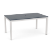 A 36" x 60" rectangular commercial outdoor dining table featuring a dark navy blue panel-style Marine Grade Polymer (MGP) top with a center umbrella hole, supported by a Sky White powder-coated aluminum frame with four straight square legs.