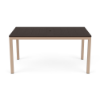 A 36" x 60" rectangular commercial outdoor dining table featuring a rich dark brown Northeastern Walnut wood-grain panel-style Marine Grade Polymer (MGP) top with a center umbrella hole, supported by a Textured Antique Beige powder-coated aluminum frame with four straight square legs.