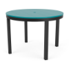 A 42-inch round commercial outdoor dining table featuring a vibrant teal (Aruba) panel-style Marine Grade Polymer (MGP) top with a center umbrella hole, supported by a Starlight Black powder-coated aluminum frame with four straight square legs and black end caps.