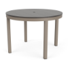 A 42-inch round commercial outdoor dining table featuring a dark slate grey panel-style Marine Grade Polymer (MGP) top with a center umbrella hole, supported by a warm taupe/grey powder-coated aluminum frame with four straight square legs.