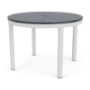 A 42-inch round commercial outdoor dining table featuring a dark navy blue panel-style Marine Grade Polymer (MGP) top with a center umbrella hole, supported by a Sky White powder-coated aluminum frame with four straight square legs.