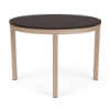 A 42-inch round commercial outdoor dining table featuring a rich dark brown Northeastern Walnut wood-grain panel-style Marine Grade Polymer (MGP) top with a center umbrella hole, supported by a Textured Antique Beige powder-coated aluminum frame with four straight square legs.