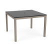 A 42-inch square commercial outdoor dining table featuring a dark slate grey panel-style Marine Grade Polymer (MGP) top with a center umbrella hole, mounted on a taupe powder-coated aluminum frame with four straight square legs and black glides.