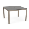 A 42-inch square commercial outdoor dining table featuring a mid-tone grey panel-style Marine Grade Polymer (MGP) top with a center umbrella hole, mounted on a warm taupe/grey powder-coated aluminum frame with four straight square legs.