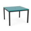 A 42-inch square commercial outdoor dining table featuring a vibrant teal (Aruba) panel-style Marine Grade Polymer (MGP) top with a center umbrella hole, mounted on a Starlight Black powder-coated aluminum frame with four straight square legs.