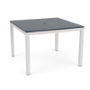 A 42-inch square commercial outdoor dining table featuring a dark navy blue panel-style Marine Grade Polymer (MGP) top with a center umbrella hole, mounted on a Sky White powder-coated aluminum frame with four straight square legs.